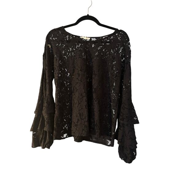 Anthropologie Solitaire Black Blouse Lace Ruffle Layered Bell Sleeves Sz M Sheer - Picture 1 of 9